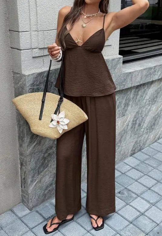 Aurore Deep V-Neck Cami & Wide Leg Pants Set