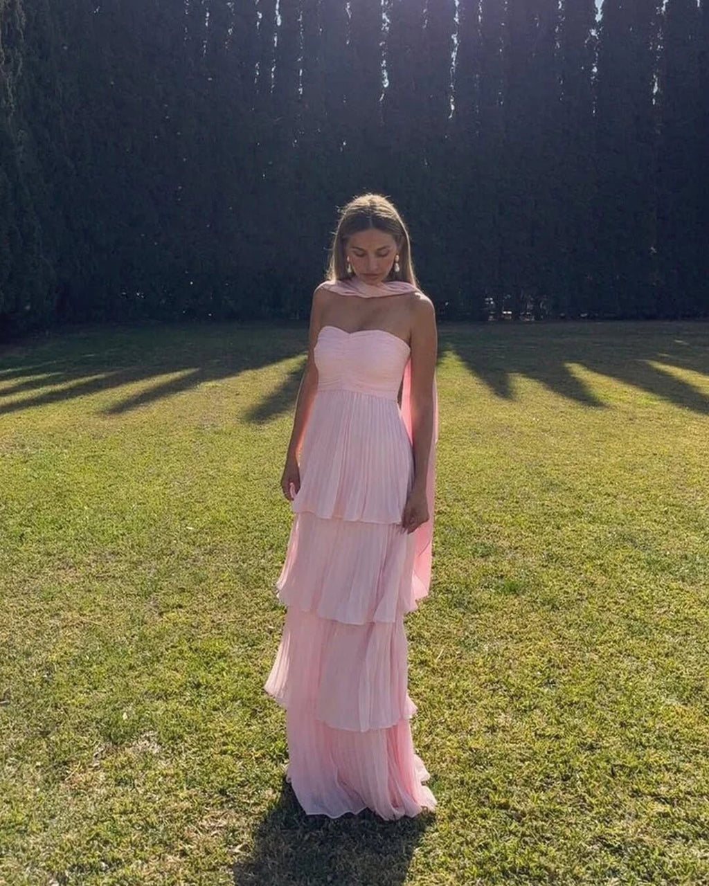 Adelita Strapless Pleated Tiered Maxi Dress