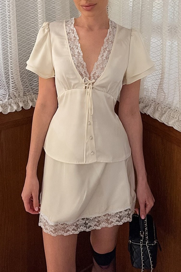 Emilia Satin Lace V-Neck Tie-Waist Skirt Set