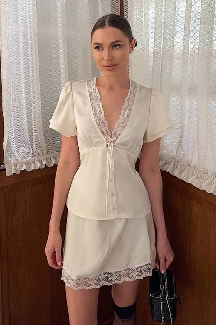 Emilia Satin Lace V-Neck Tie-Waist Skirt Set