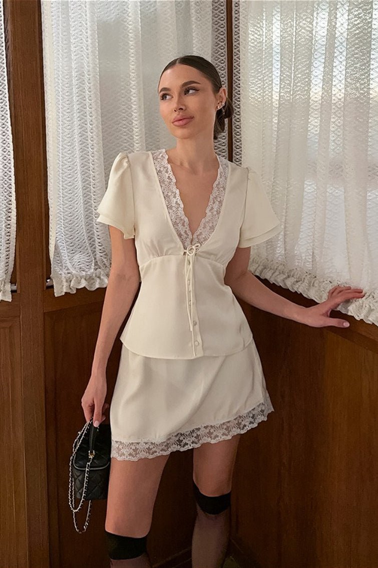 Emilia Satin Lace V-Neck Tie-Waist Skirt Set