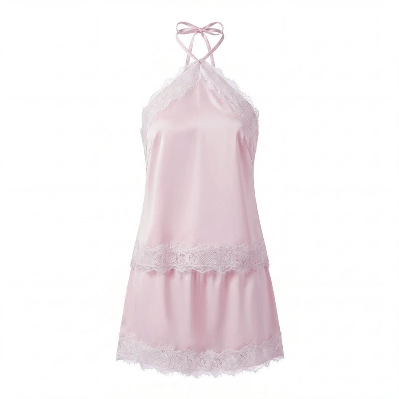 Adolfina Two-Piece Satin Lace Halter Set