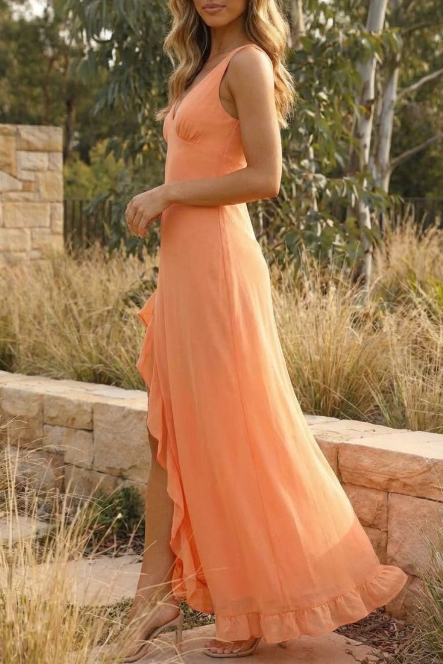 Brianna Sleeveless Ruffled Slit Maxi Dress