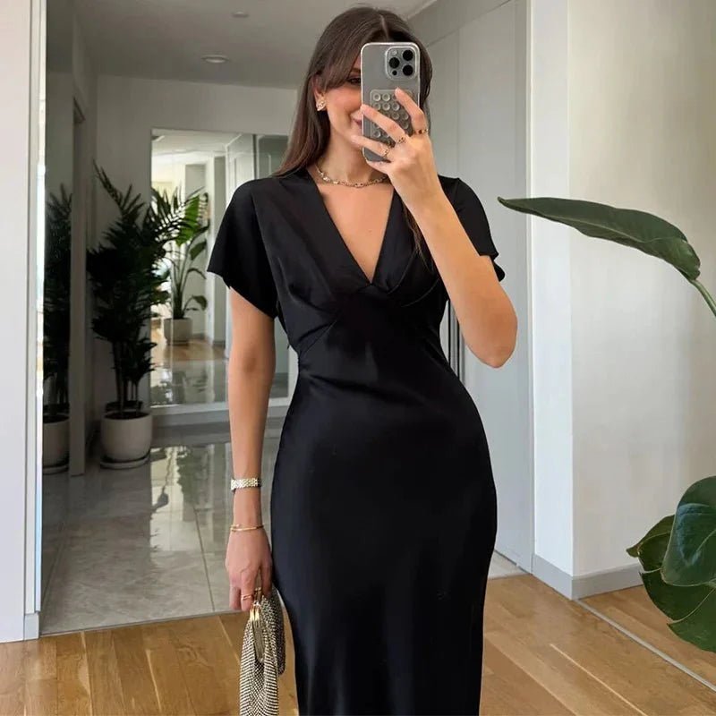 Briona V Neck Satin Midi Dress