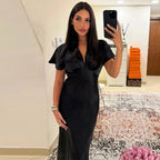 Briona V Neck Satin Midi Dress