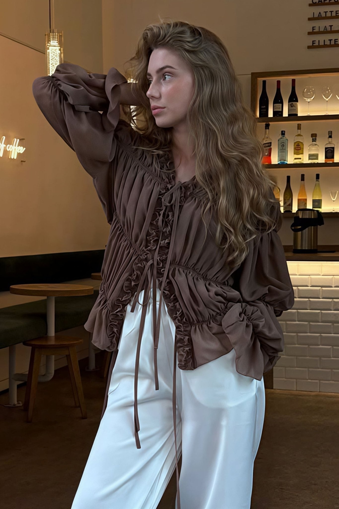 Caitriona Ruched Ruffle Tie Blouse