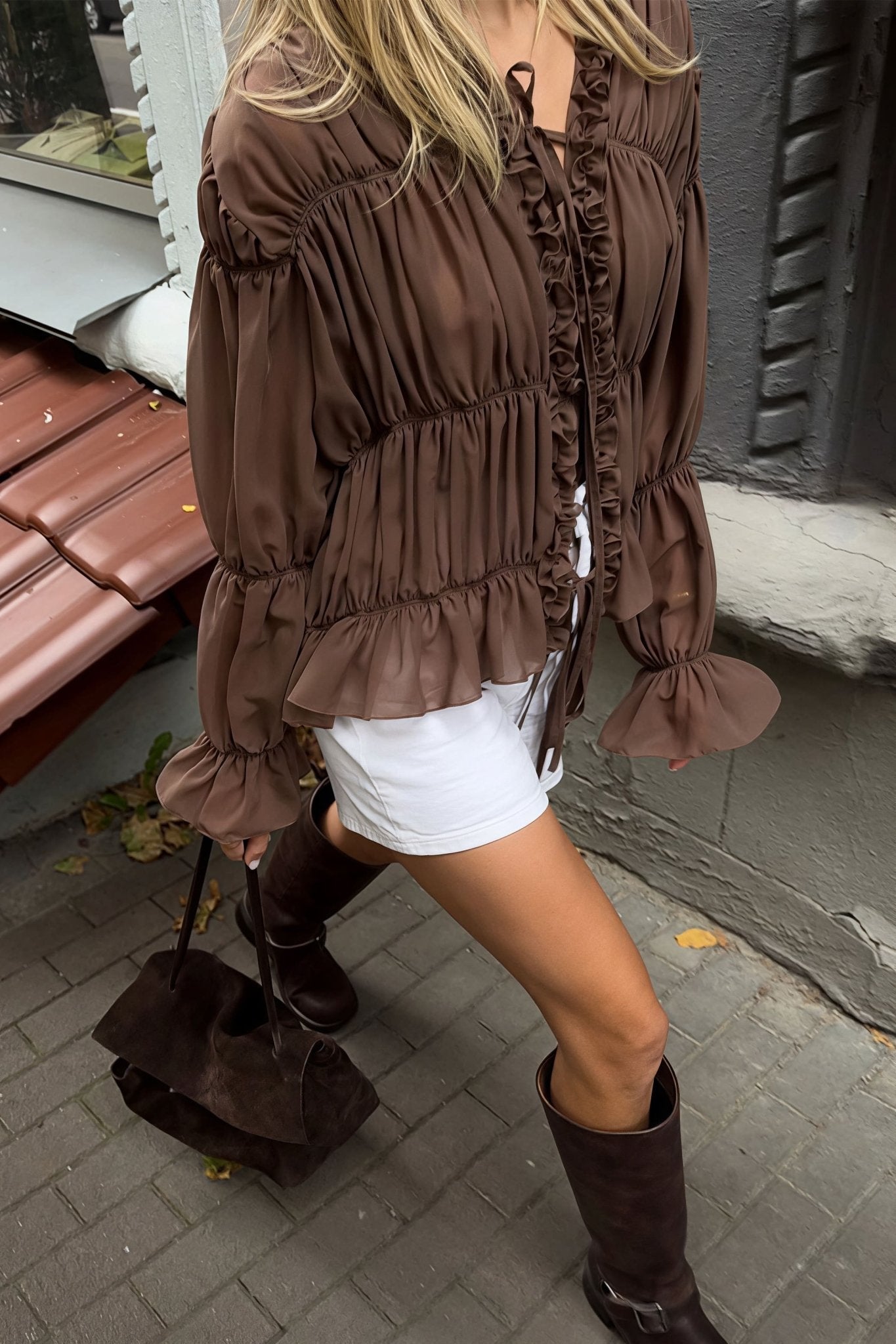 Caitriona Ruched Ruffle Tie Blouse