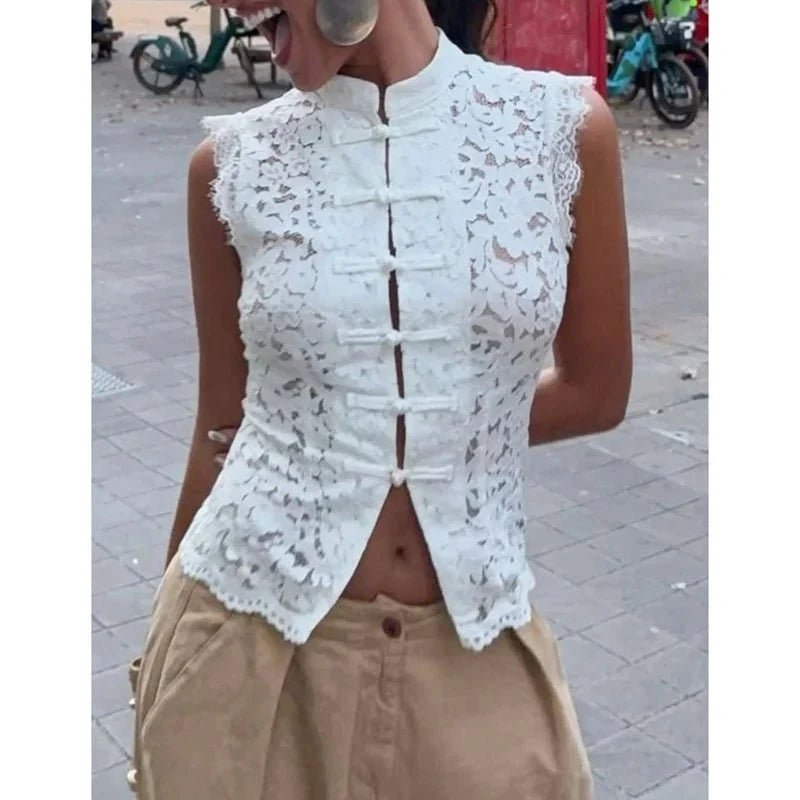 Layla Sheer Lace Mandarin Collar Blouse