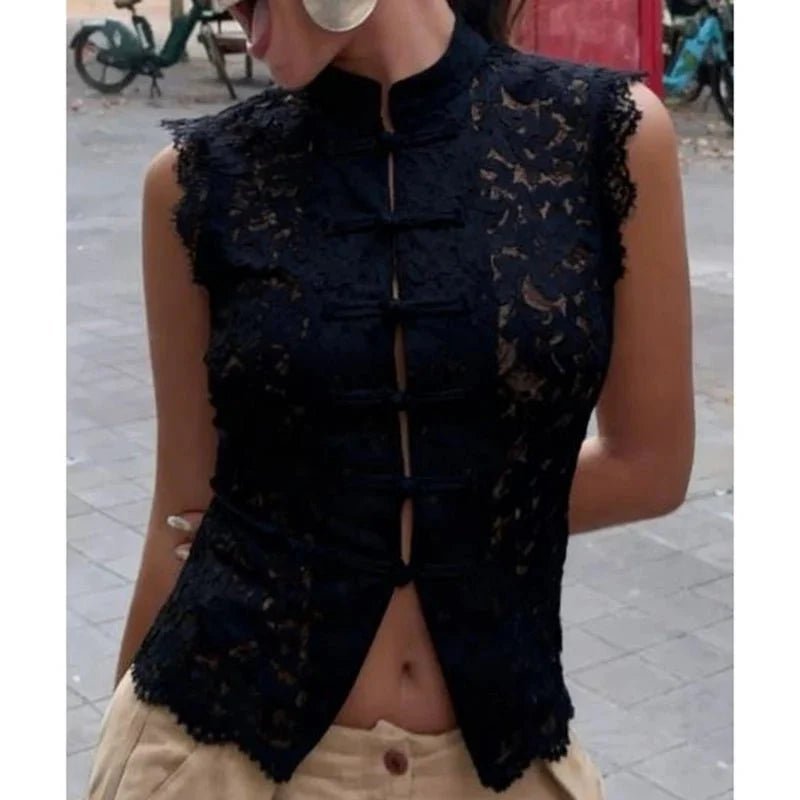 Layla Sheer Lace Mandarin Collar Blouse