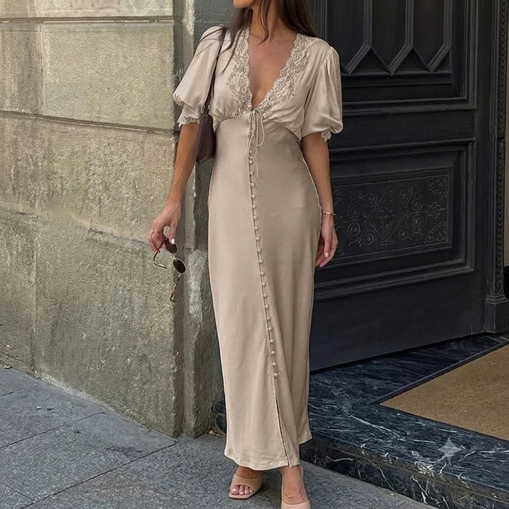 Diandra Puff Sleeve Lace-Up Maxi Dress