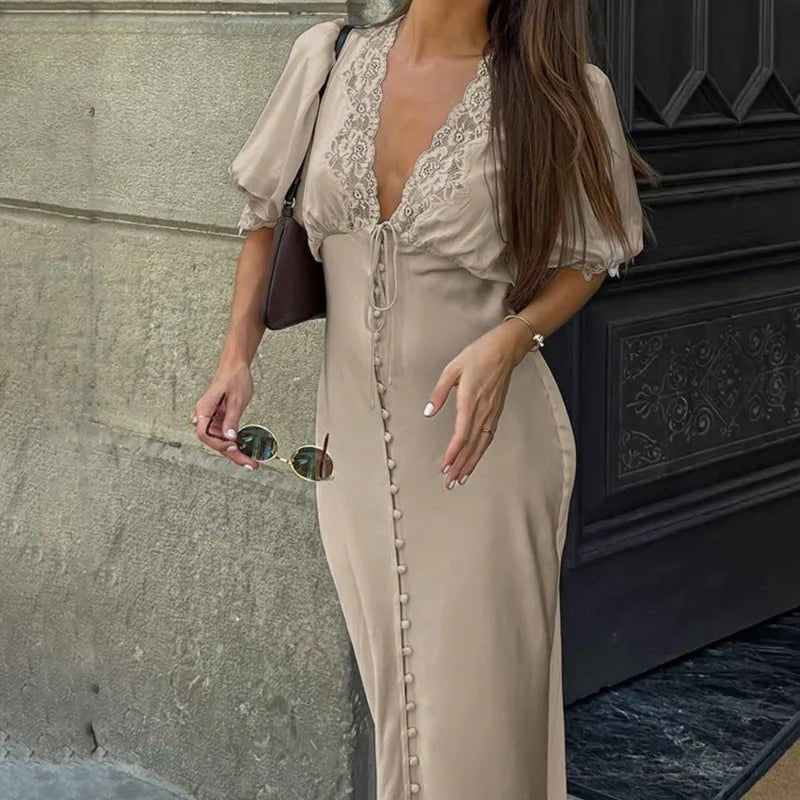 Diandra Puff Sleeve Lace-Up Maxi Dress