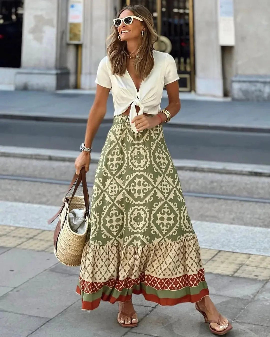 Maricar Boho Printed Midi Swing Skirt