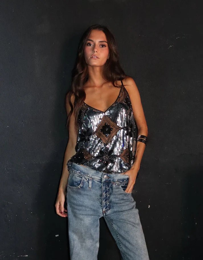 Elisabeta Embellished Sequin Sheer Top