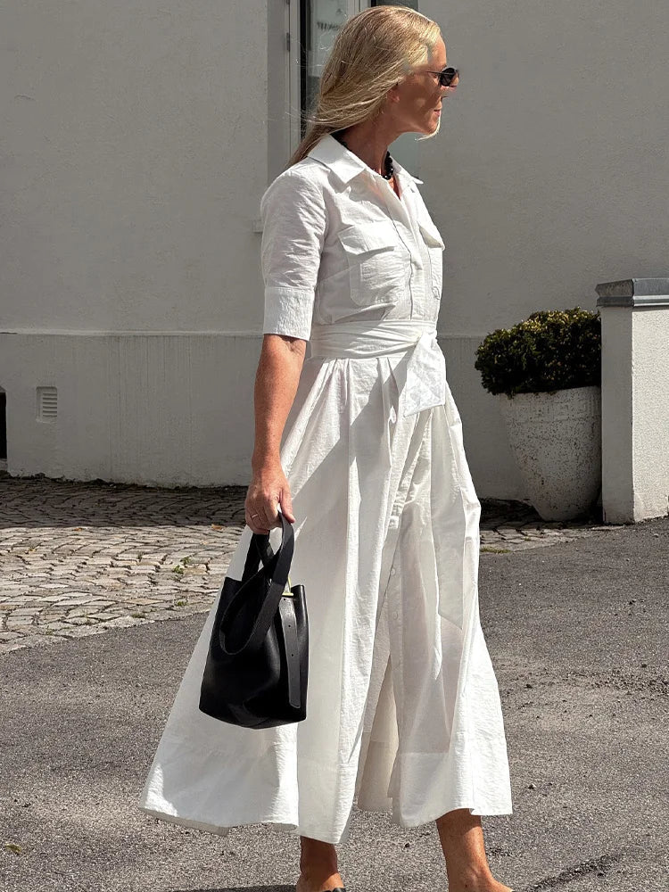 Evita Belted Shirt Midi Dress