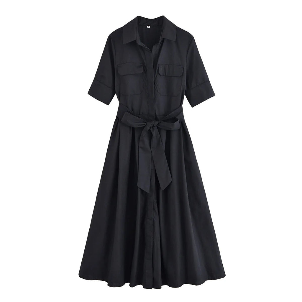 Evita Belted Shirt Midi Dress