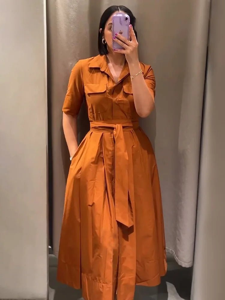 Evita Belted Shirt Midi Dress