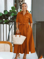 Evita Belted Shirt Midi Dress