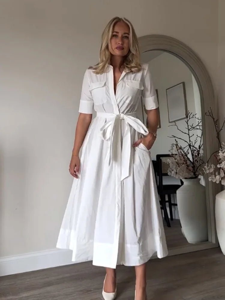 Evita Belted Shirt Midi Dress