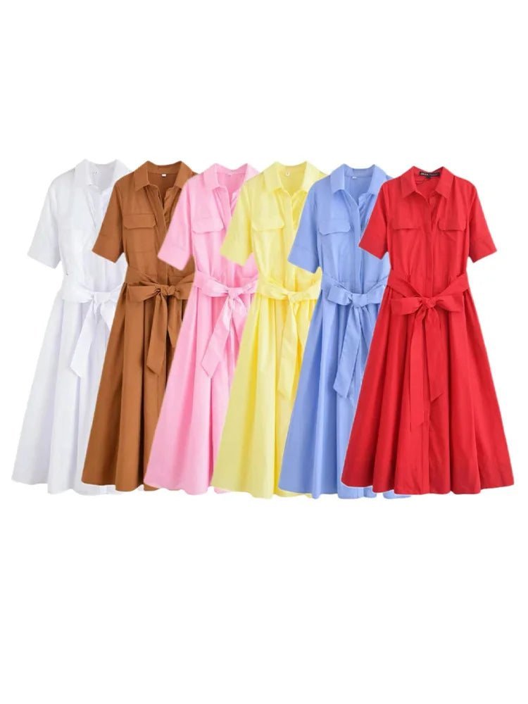 Evita Belted Shirt Midi Dress