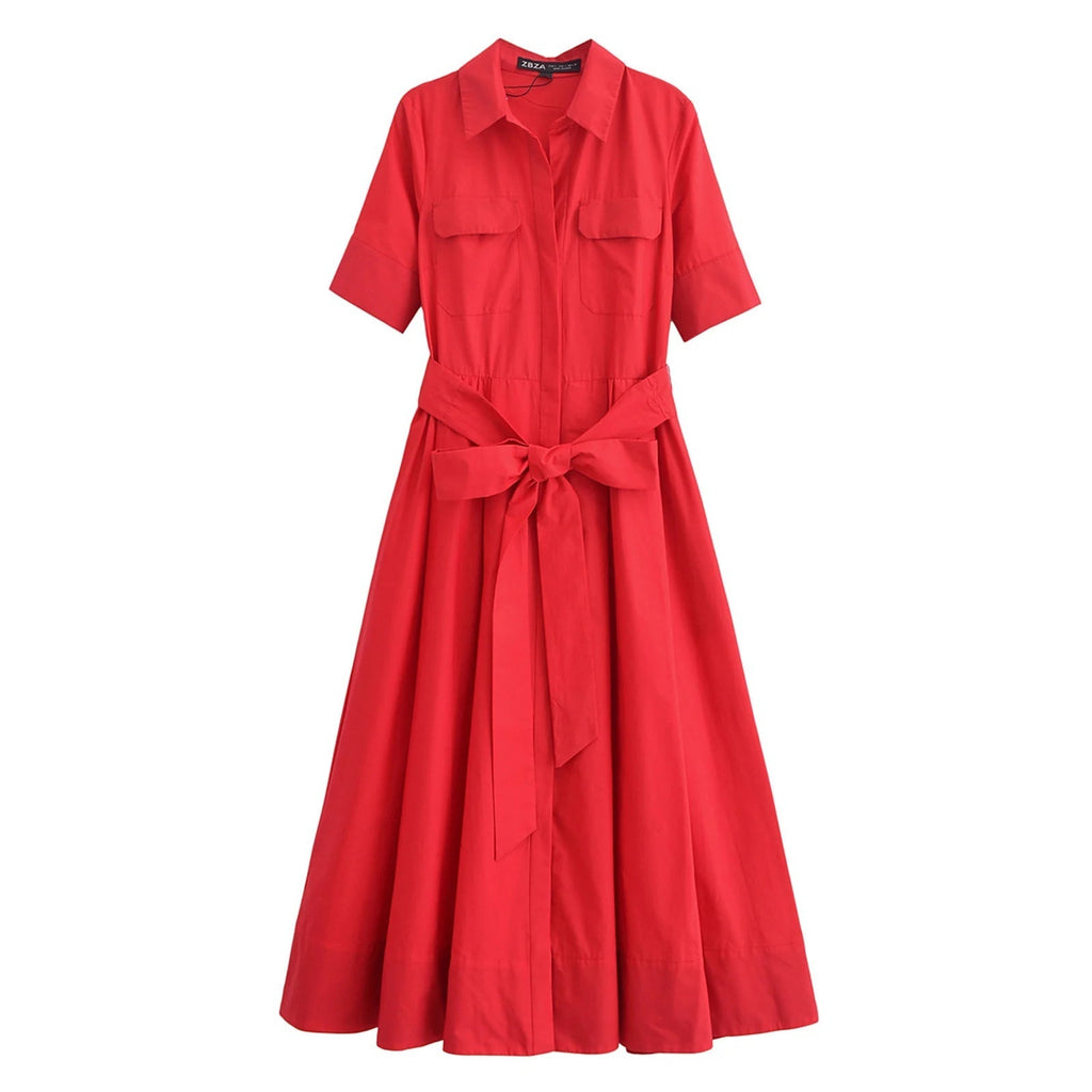 Evita Belted Shirt Midi Dress