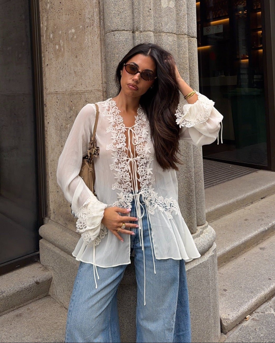 Halle Front-Tie Lace Appliqué Top
