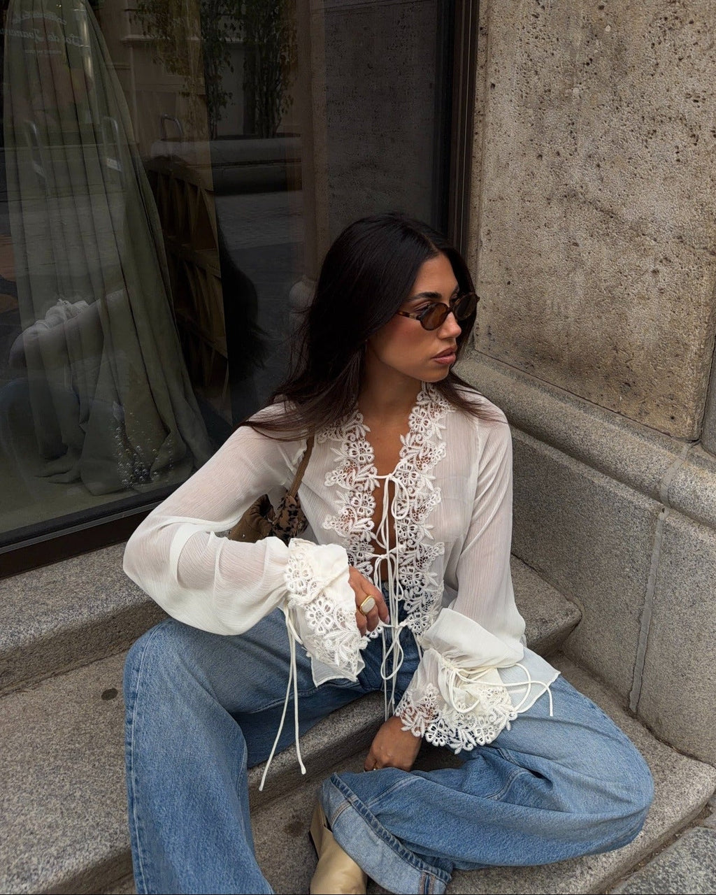 Halle Front-Tie Lace Appliqué Top