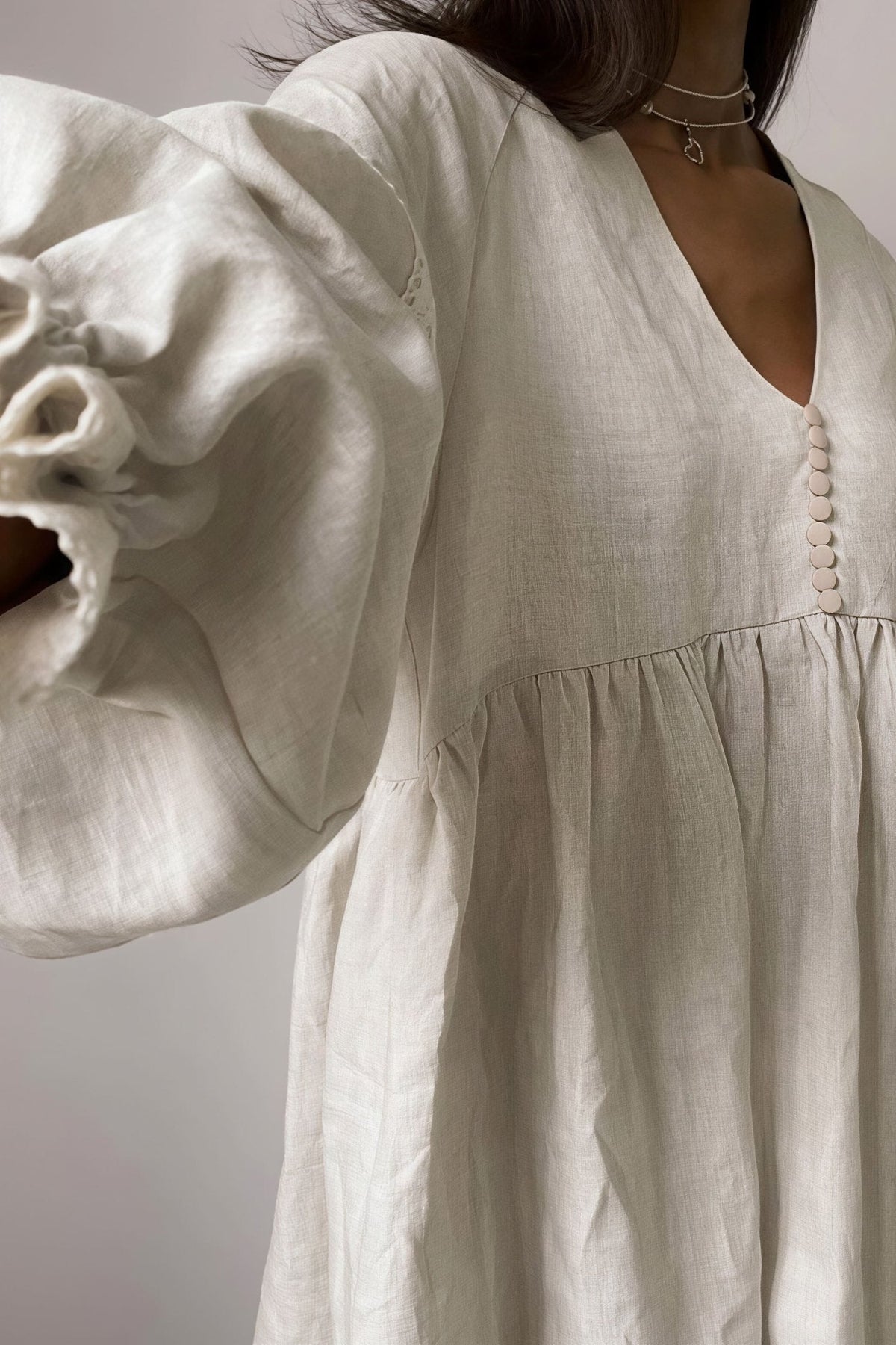 Hermione Cotton Linen V-Neck Lantern Sleeve Mini Dress