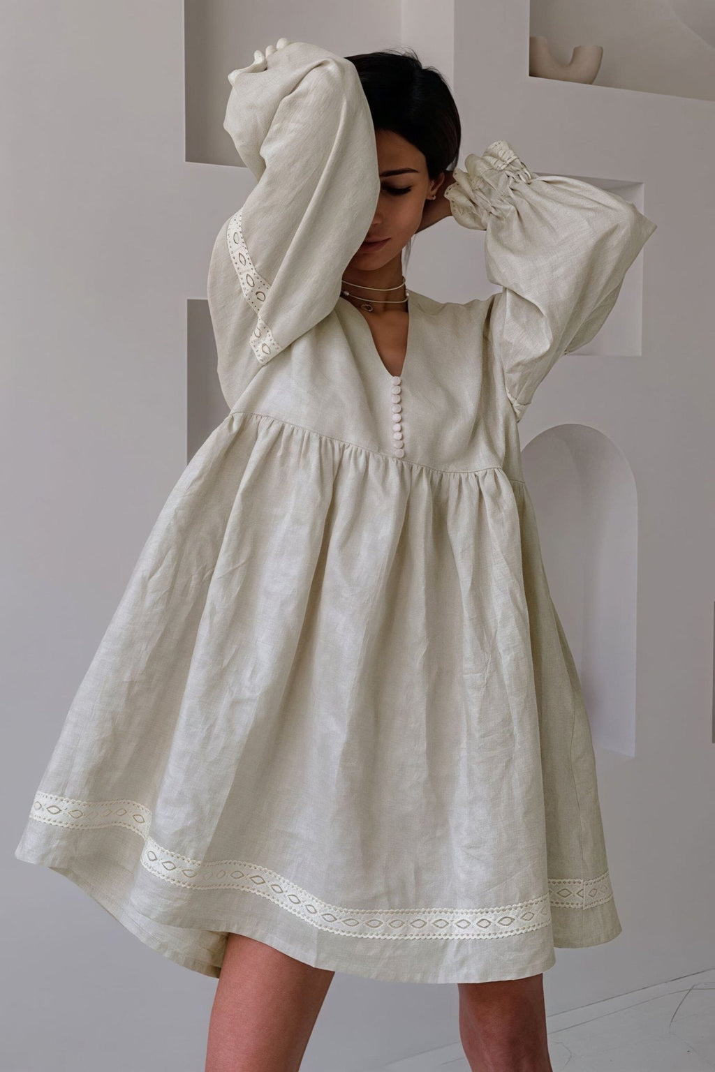 Hermione Cotton Linen V-Neck Lantern Sleeve Mini Dress