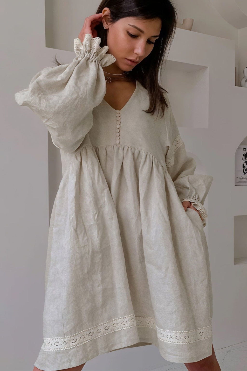 Hermione Cotton Linen V-Neck Lantern Sleeve Mini Dress