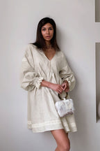 Hermione Cotton Linen V-Neck Lantern Sleeve Mini Dress