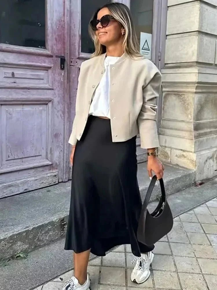 Hilde High Waist Black Satin Midi Skirt