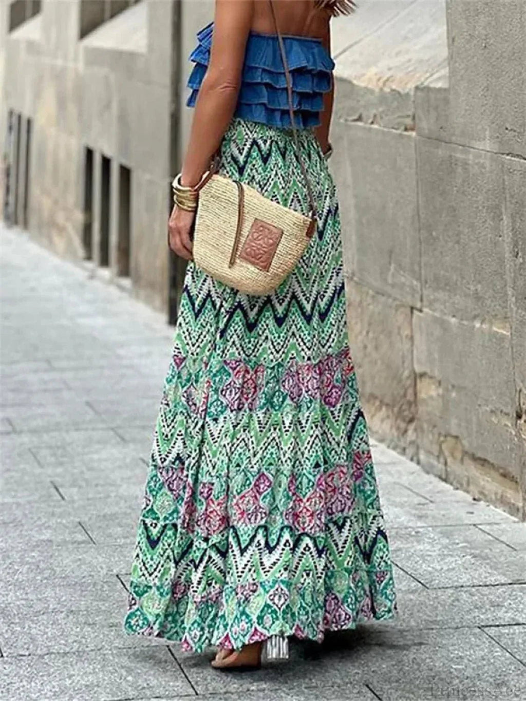 Imara Flowy Boho Print Ruffled Skirt
