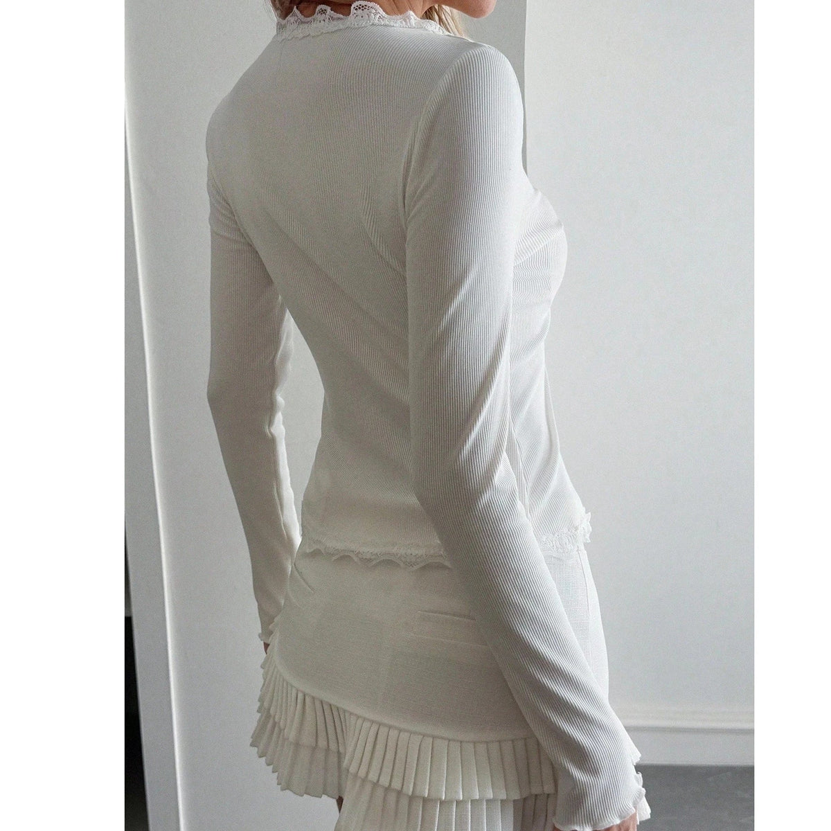 Teresa Lace Trim Button-Up Ribbed Shirt