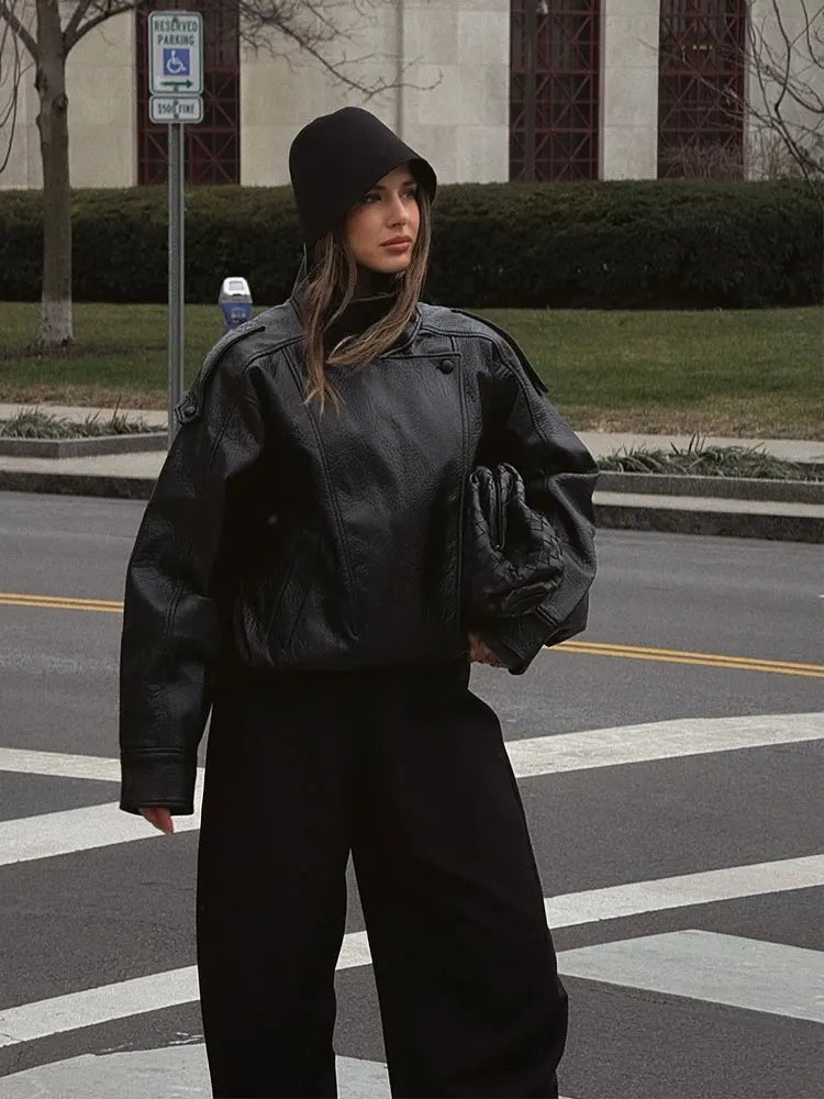Aethra Stand Collar Faux Leather Jacket