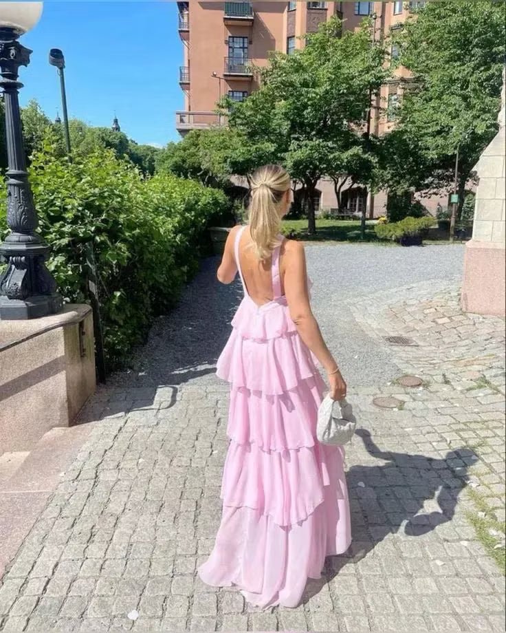 Rose Ruffle Backless Maxi Dress