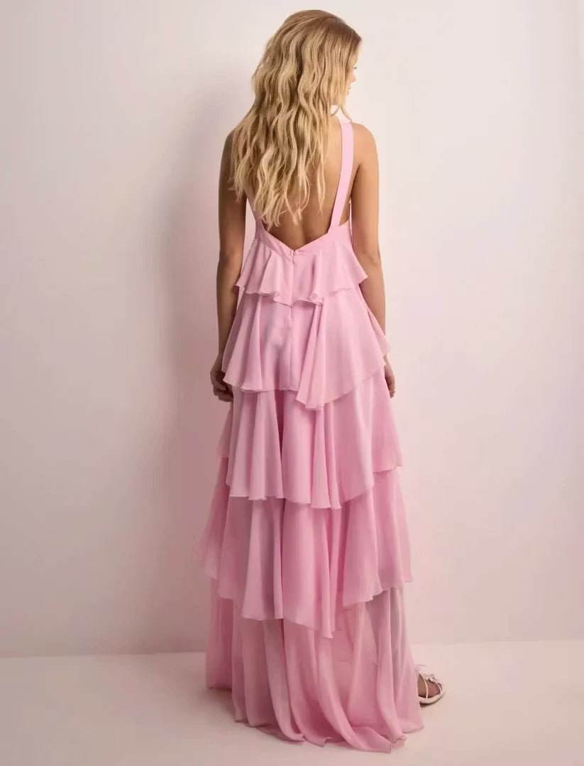 Rose Ruffle Backless Maxi Dress