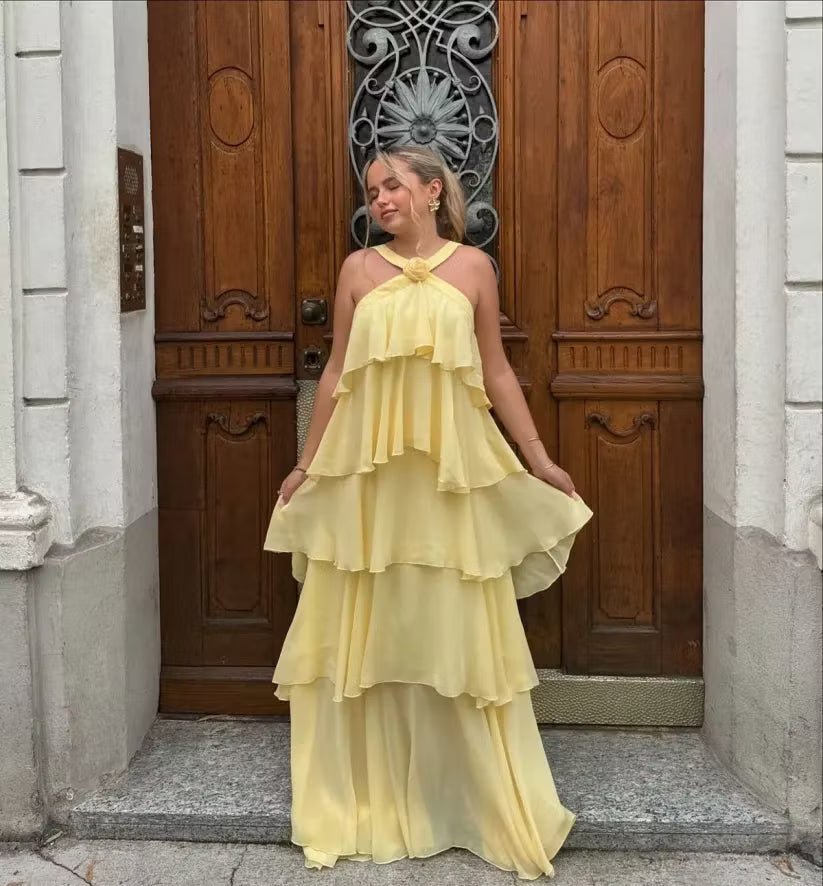 Rose Ruffle Backless Maxi Dress