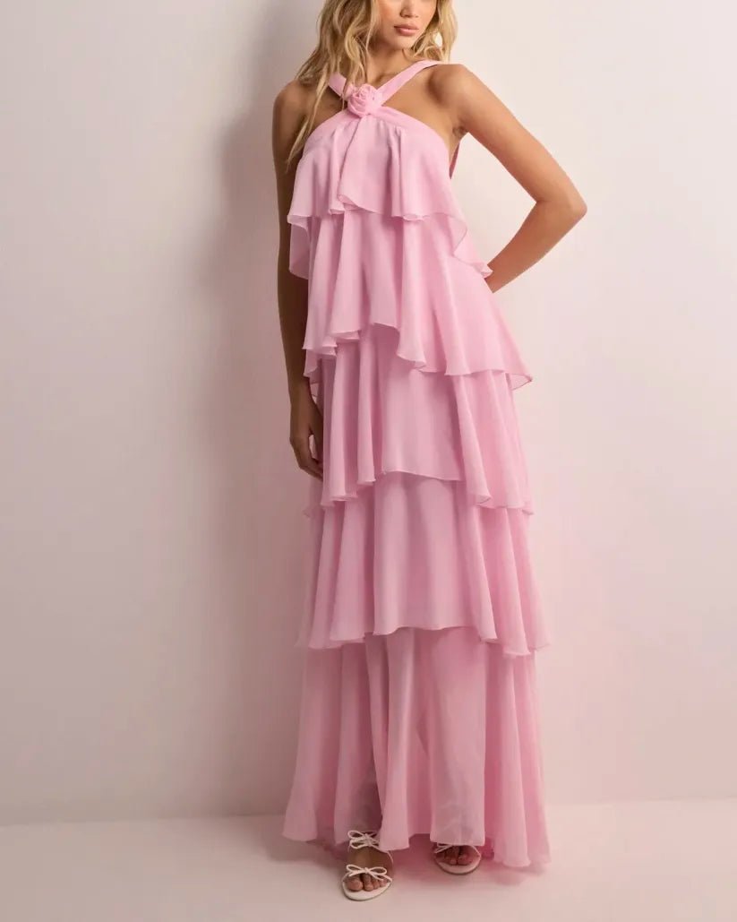 Rose Ruffle Backless Maxi Dress