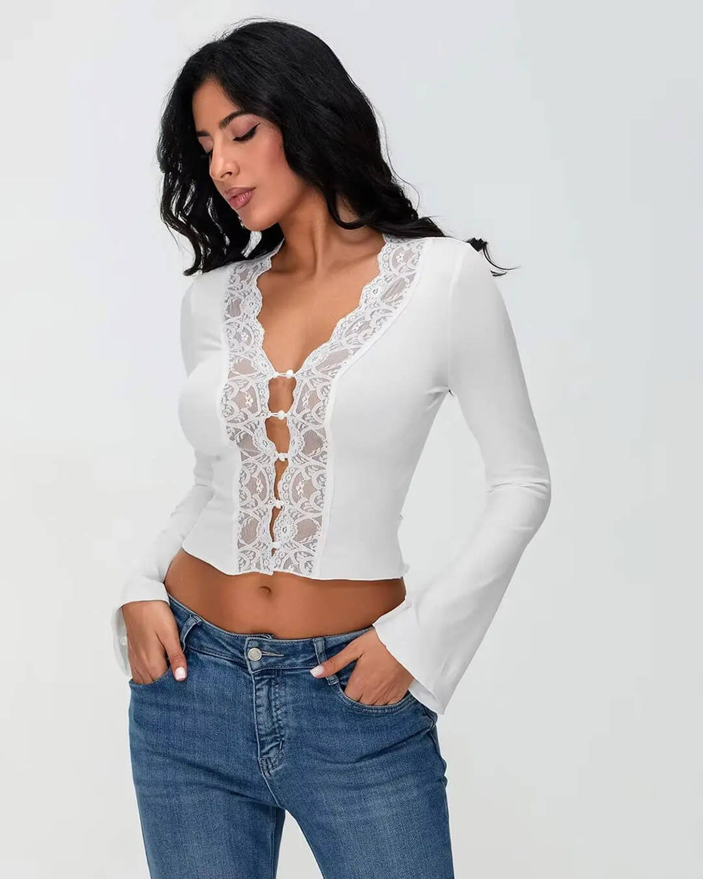Jenna Long Sleeve Lace Trim Blouse