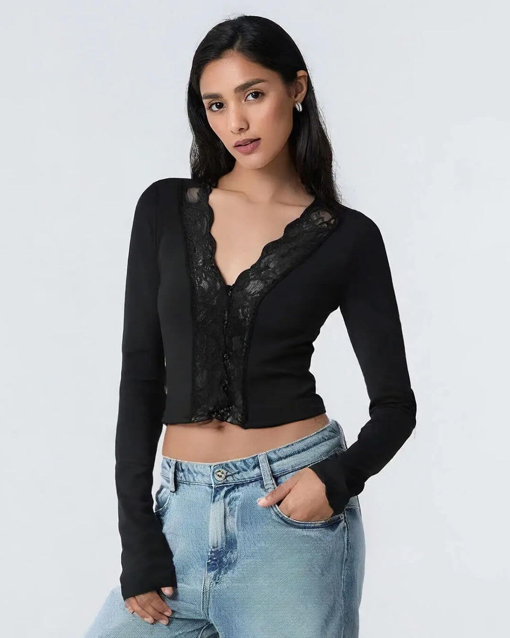 Jenna Long Sleeve Lace Trim Blouse