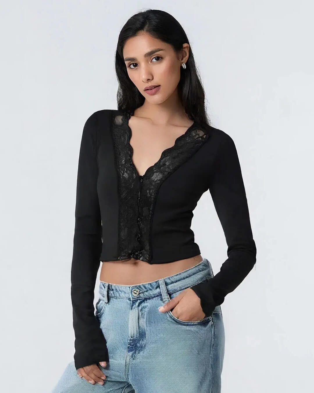 Jenna Long Sleeve Lace Trim Blouse