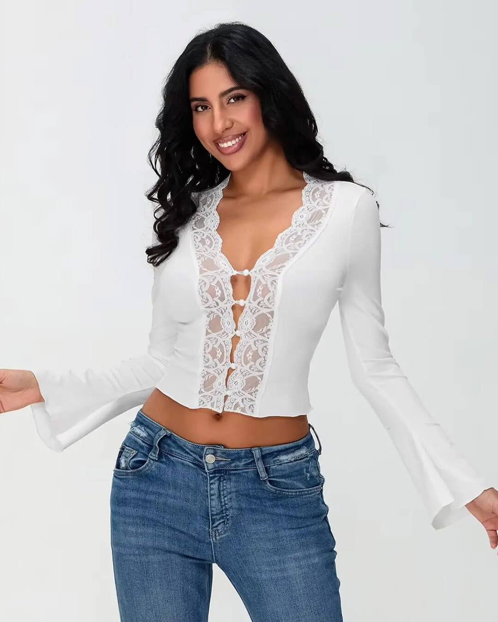 Jenna Long Sleeve Lace Trim Blouse