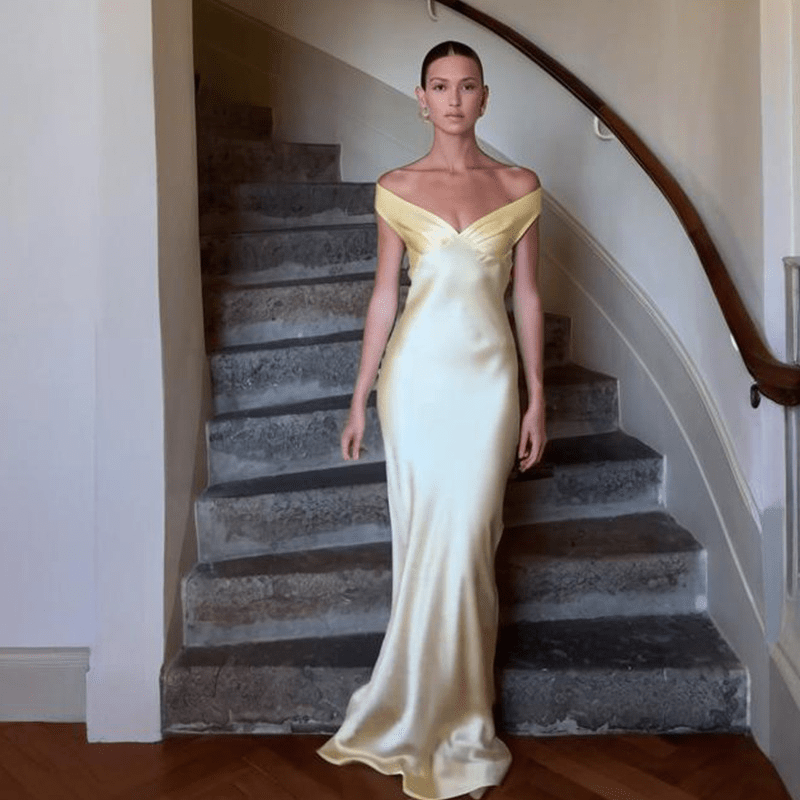 Katelyn Satin Off the Shoulder Maxi Dress