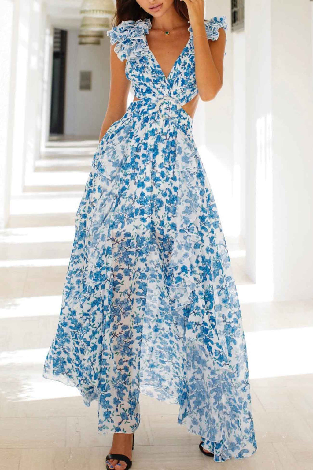 Katya Floral Ruffle Sleeves Maxi Dress