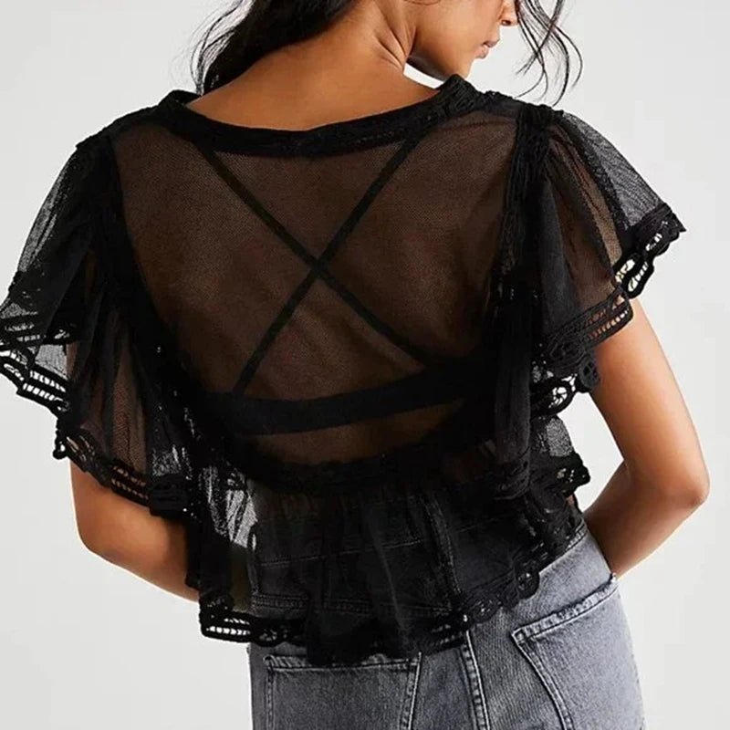 Maia Sheer Chiffon Lace Trim Crop Blouse