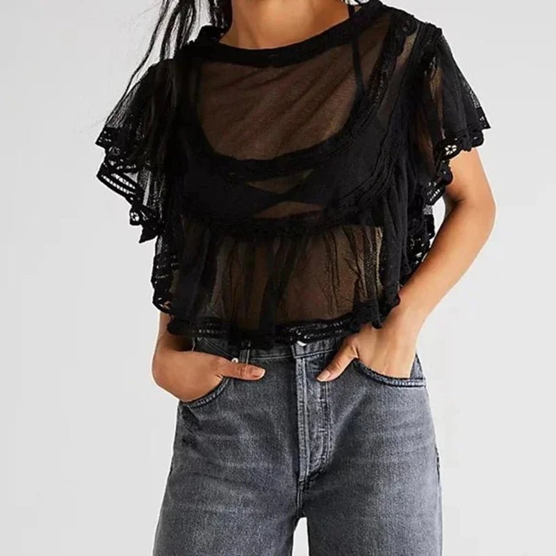 Maia Sheer Chiffon Lace Trim Crop Blouse