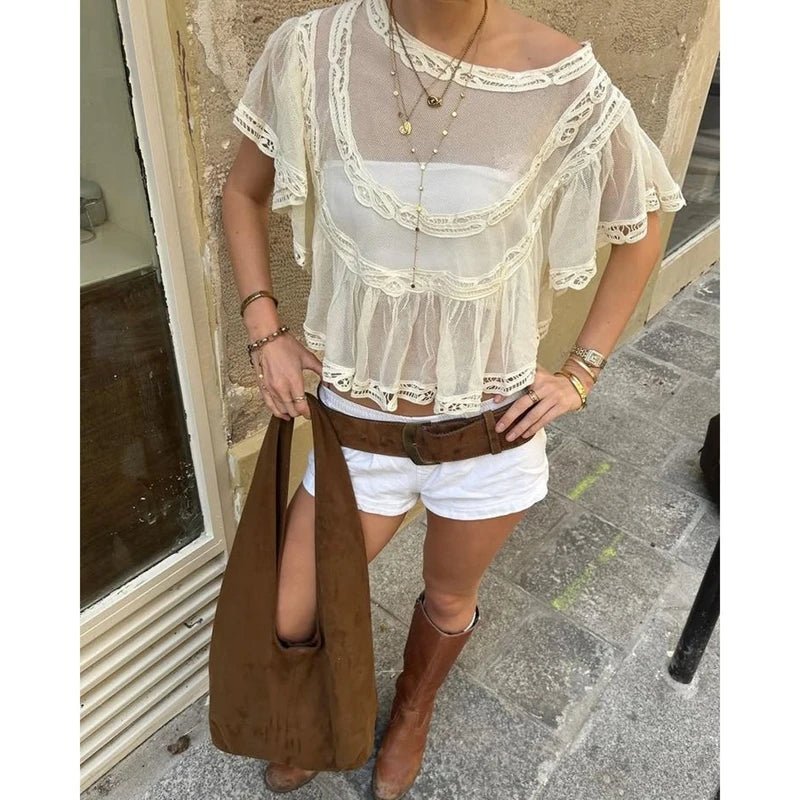 Maia Sheer Chiffon Lace Trim Crop Blouse