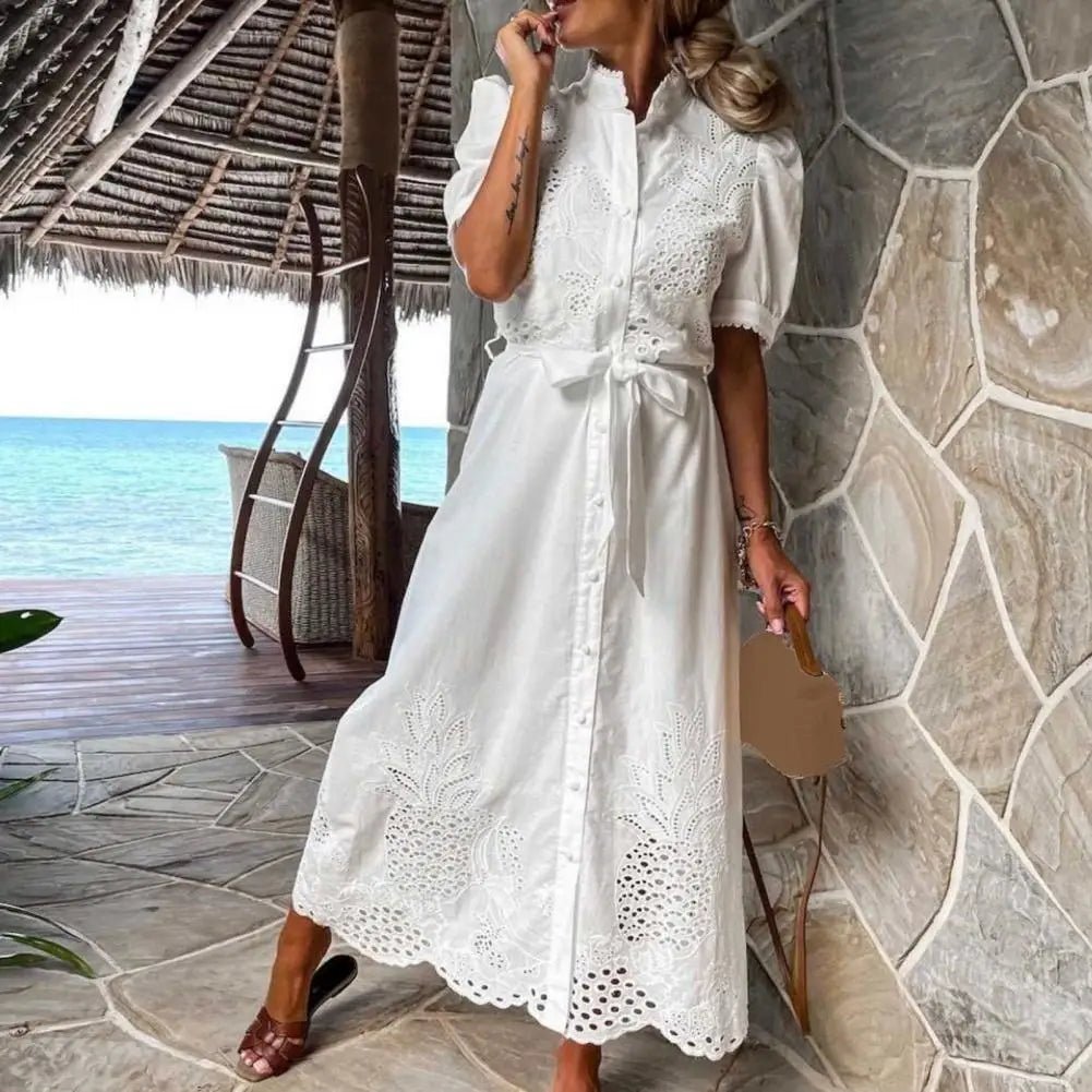 Naomi Embroidered Lace-Up Maxi Dress