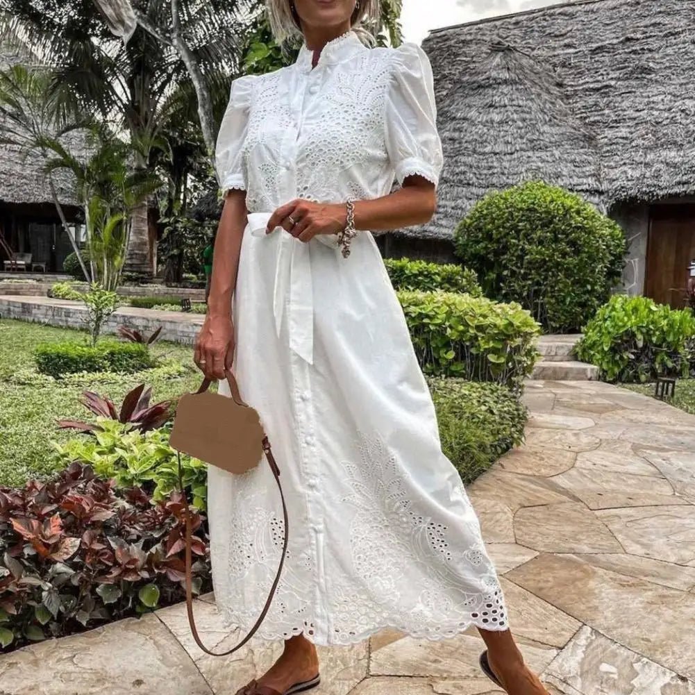 Naomi Embroidered Lace-Up Maxi Dress