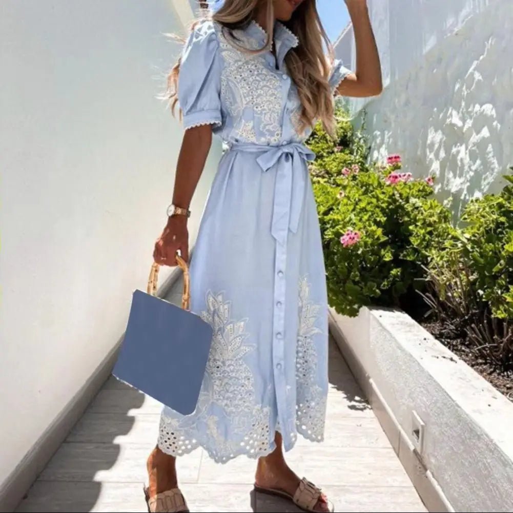 Naomi Embroidered Lace-Up Maxi Dress